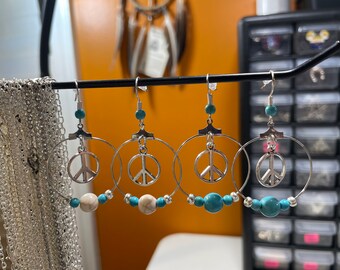 Dangle Hoop Peace Sign & Turquoise Earrings Gift Boxed with Ornate Organza Gift Bag!