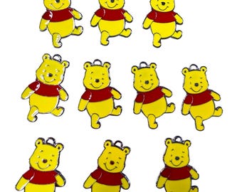 Lot of Quantity 10 Each Pooh Bear Pendants, Charms, Medallions @1.2" Silver Plated and Resin