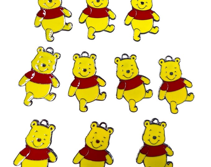 Lot of Quantity 10 Each Pooh Bear Pendants, Charms, Medallions @1.2" Silver Plated and Resin