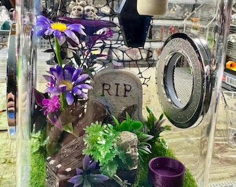 Custom Available! Spooky Goth Cross Skull Clear Jumping Spider Enclosure, Dual Silver Vents, Feed Hole with Stopper, Bottom Opening