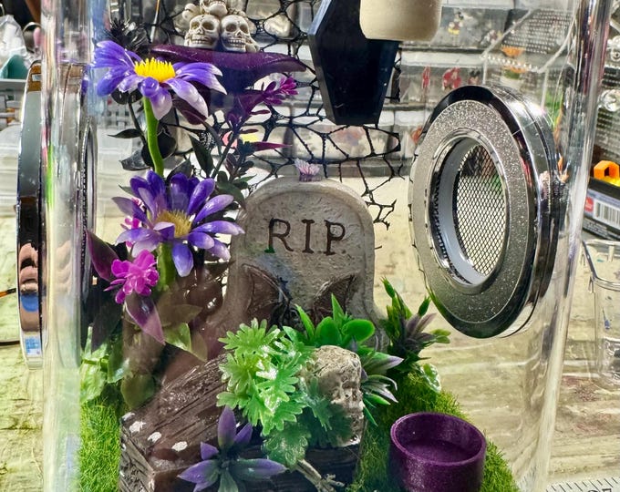 Custom Available! Spooky Goth Cross Skull Clear Jumping Spider Enclosure, Dual Silver Vents, Feed Hole with Stopper, Bottom Opening