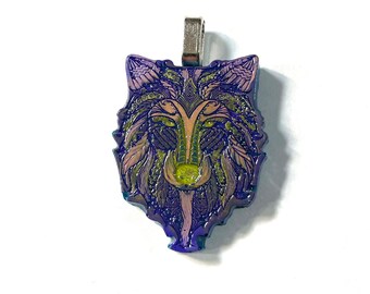 Handpoured and painted Resin Mandala Good Luck Wolf Pendant Necklace Rainbow Multi Color, Gift Boxed