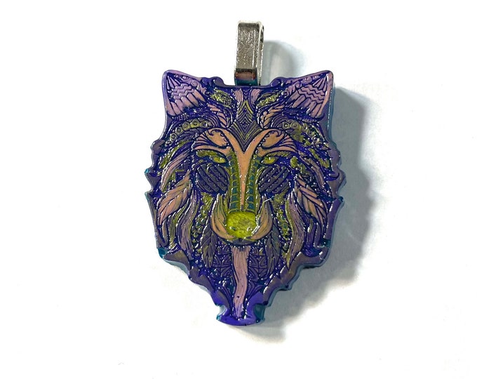 Handpoured and painted Resin Mandala Good Luck Wolf Pendant Necklace Rainbow Multi Color, Gift Boxed