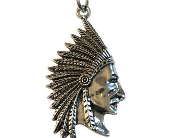 Large 2" Native American Indian Chief Headdress Pendant Silver Necklace Chain NEW Gift Boxed