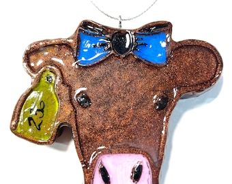 Large 3" Cow Ribbon and Tag Handpoured and Painted Hanging Ornament Gift Boxed with Ornate Organza Gift Bag!