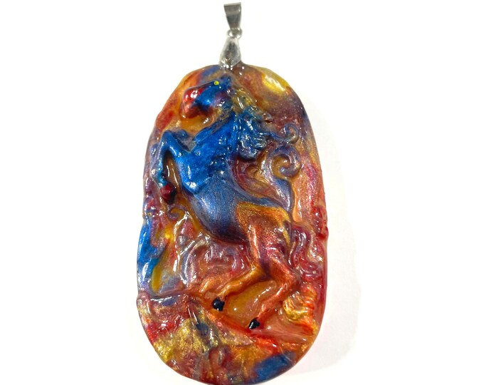 Resin 3D, Red, Yellow, Blue Pearlized Equestrian Horse Lover Rearing Mustang Pendant Necklace