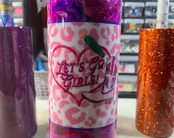 Ready to Ship 20 Oz Skinny Stainless Steel Epoxy Tumbler w Lid & Straw, Lets Go Girls Western Cowgirl Pink Purple
