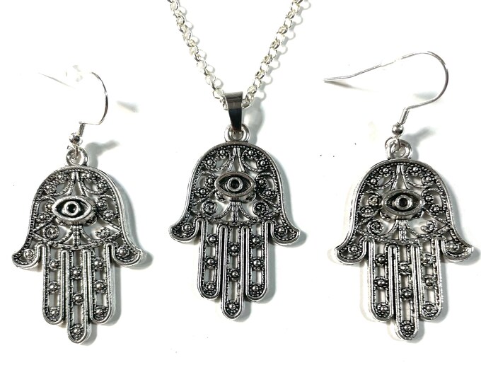 Hamsa Evil Eye Amulet, Symbol of Luck and Protection, Large 1.5" Medallion Necklace and/or Earrings