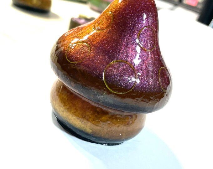 CUSTOM Available Boho Hippie Mushroom Statue Paperweight,Pinkish Purple, Gold, Brown , 3x2.4 Inch, Resin Handmade & Painted