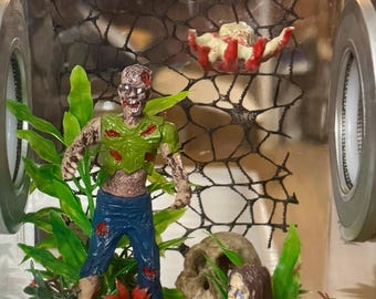 Custom Spooky Goth Zombie Skull Dead Clear Jumping Spider Enclosure, Dual Silver Vents, Feed Hole with Stopper, Bottom Opening