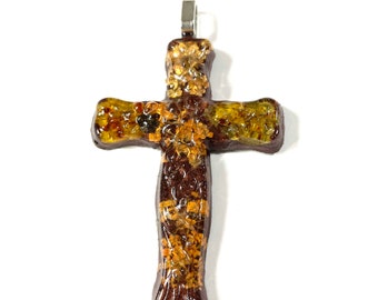 3D Resin Handpoured Pearlized Bronze Brown with Dried Flowers, Cross Pendant @3 Inch Long, Pendant, Necklace