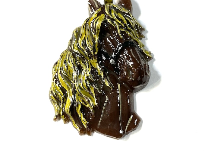 Horse Head Chocolate Brown Chestnut with Gold, Black Halter Equestrian Horse Lover Pendant or Ornament @2.5 Inch Long, Necklace