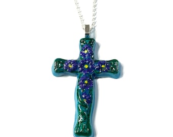 3D Resin Handpoured Teal Purple Green, Flowers, Cross Pendant @3 Inch Long, Pendant, Necklace