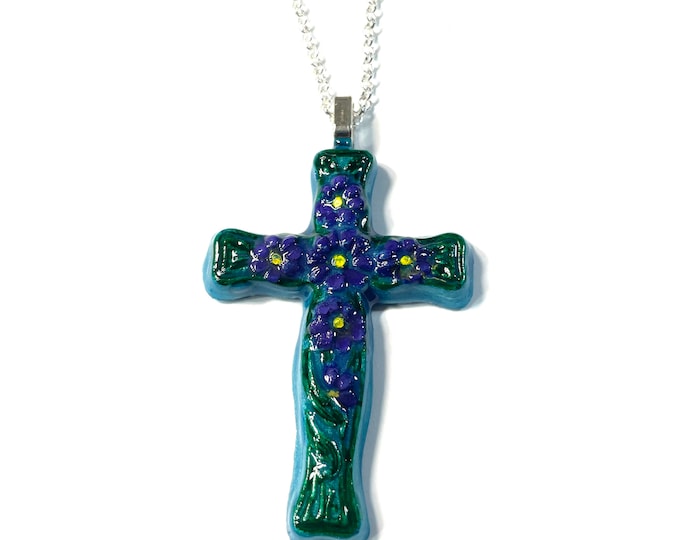 3D Resin Handpoured Teal Purple Green, Flowers, Cross Pendant @3 Inch Long, Pendant, Necklace
