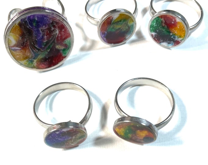 Boho Hippie Rainbow Statement Ring Handpoured and Painted Resin Stainless Steel Adjustable Ring