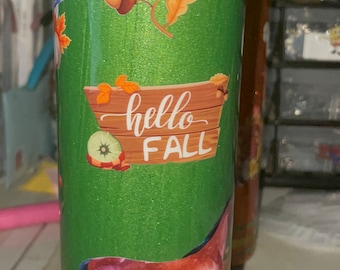 20 Oz Skinny Stainless Epoxy Tumbler Cup w Lid & Straw, Farm Horse Green Hello Fall Leaves