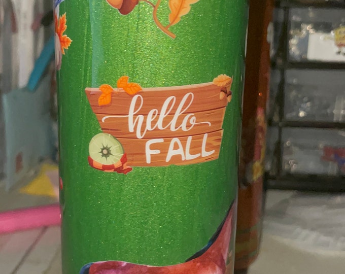 20 Oz Skinny Stainless Epoxy Tumbler Cup w Lid & Straw, Farm Horse Green Hello Fall Leaves