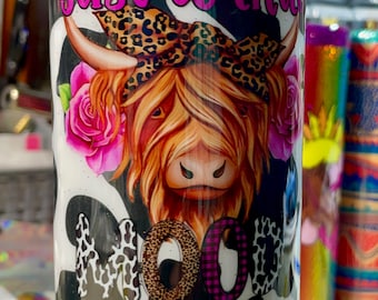Ready to Ship 20 Oz Skinny Stainless Steel Epoxy Tumbler w Lid & Straw, Cowprint Highland Cow "Just A Little Moody"
