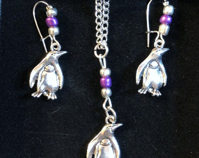 Happy Feet Penguin Silver Purple Necklace Earrings with or without beading 18" Chain NEW Gift Boxed