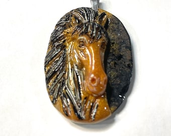 Resin 3D, Chestnut Brown Orange Cream and Black Pearlized Equestrian Horse Lover Pendant @1.75 Inch Long, Pendant, Necklace