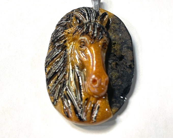 Resin 3D, Chestnut Brown Orange Cream and Black Pearlized Equestrian Horse Lover Pendant @1.75 Inch Long, Pendant, Necklace