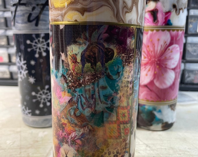20 Oz Skinny Stainless Tumbler w Lid & Straw, Alcohol Ink Swirl, Colorful Buffalo Native American Teepee Cowprint