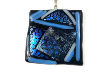 Dichroic Glass 3D OOAK Geometric Black Blue Metallic Pendant 2x2", Pendant, Necklace