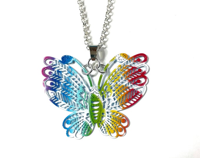 Butterfly Rainbow Multi Color Filigree Enamel Painted Metal Pride Medallion Pendant and/or Earrings 18" to 30" Chain or Waxed Cord Necklace