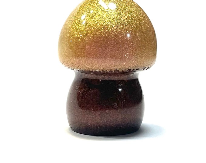 Boho Hippie Mushroom Decor Totem Statue, Gold, Brown Sparkle @2 Inch, Resin Handmade & Painted
