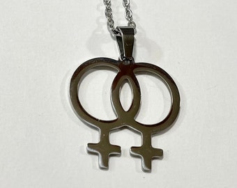 Double Venus Gay Lesbian Pride Stainless Steel Medallion Pendant 18" to 30" Chain or Waxed Cord Necklace