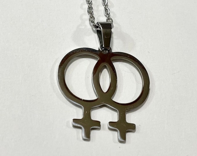 Double Venus Gay Lesbian Pride Stainless Steel Medallion Pendant 18" to 30" Chain or Waxed Cord Necklace