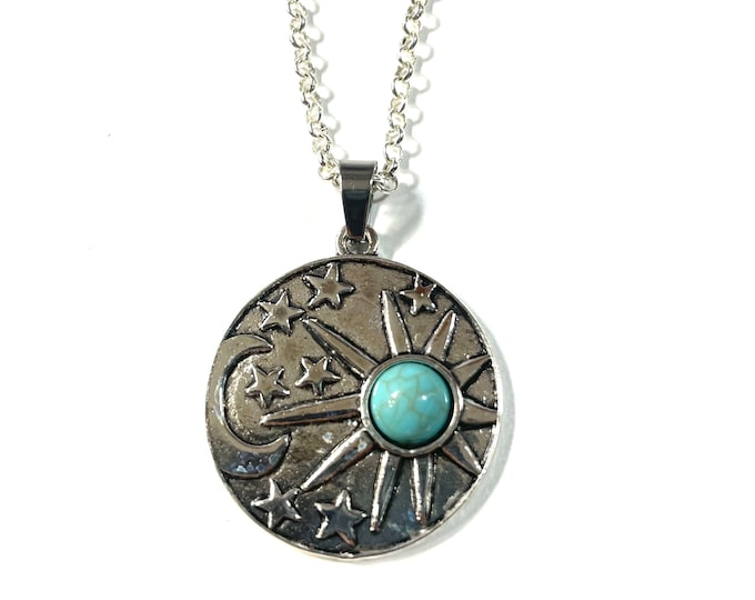 Boho Chic Moon Sun and Stars Faux Turquoise Cabochon Pendant Silver Plated Necklace Pendant Medallion Gift Boxed FREE SHIP USA