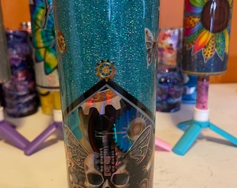 20 Oz Skinny Stainless Tumbler w Lid & Straw, Steampunk, Butterfly, Mechanical Teal Gunmetal