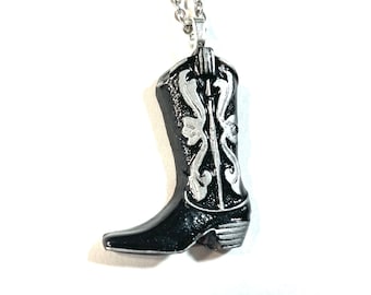 Black And Silver 1.5"  Western Cowboy Boot Pendant, with Detail Gift Boxed, Handpoured and painted