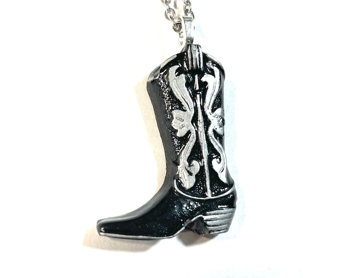 Black And Silver 1.5"  Western Cowboy Boot Pendant, with Detail Gift Boxed, Handpoured and painted