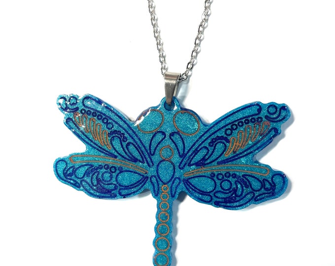 Large 3" Dragonfly Teal, Purple, Orange Handpoured and Painted Necklace Gift Boxed with Ornate Organza Gift Bag!