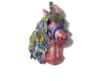 Horse Head Medallion, Pink Gold Silver Blue Halter Equestrian Horse Lover Pendant or Ornament @2.5 Inch Long, Necklace