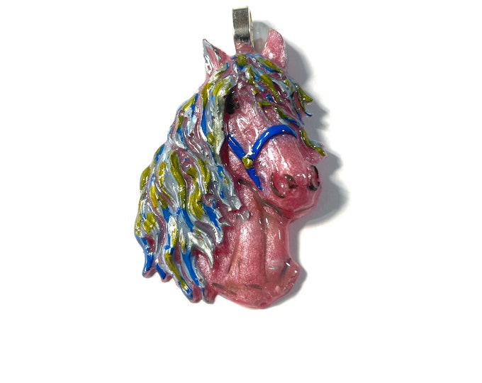 Horse Head Medallion, Pink Gold Silver Blue Halter Equestrian Horse Lover Pendant or Ornament @2.5 Inch Long, Necklace