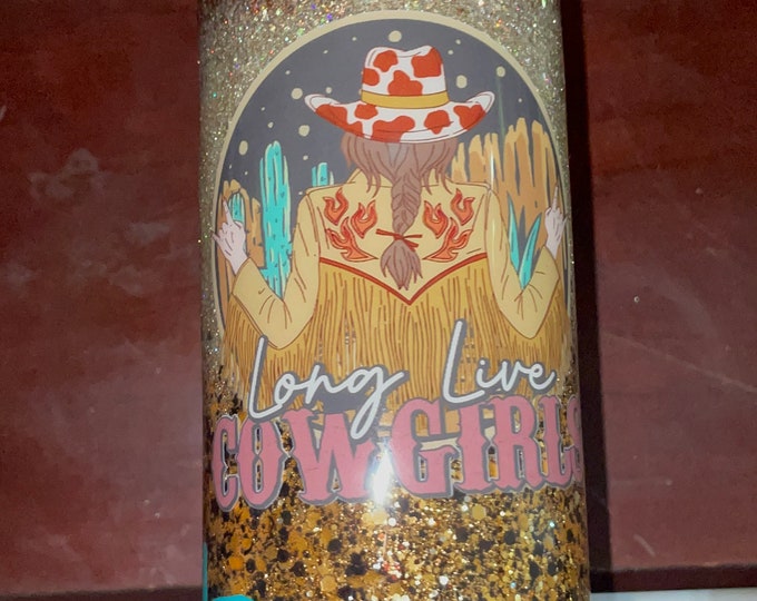 Ready to Ship 20 Oz Skinny Stainless Steel Epoxy Tumbler w Lid & Straw, Long Live Cowgirls, Horse Cactus