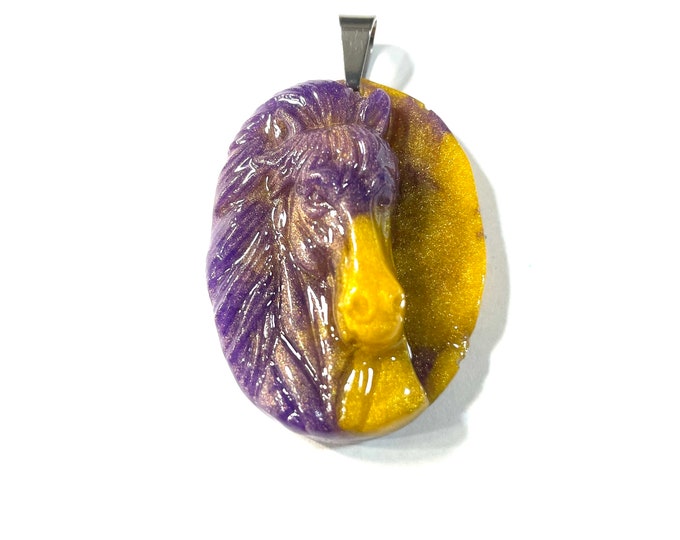 Resin 3D, Golden Yellow and Lavender Purple Pearlized Equestrian Horse Lover Pendant @1.75 Inch Long, Pendant, Necklace