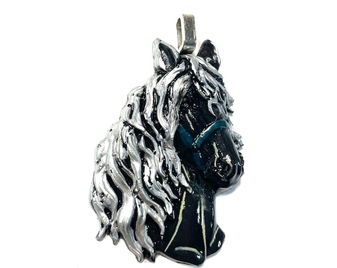 Resin 3D, Black, Silver, Teal Halter Equestrian Horse Lover Pendant or Ornament @2.5 Inch Long, Necklace