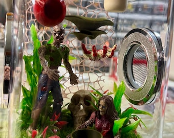 Custom Spooky Goth Zombie Skull Dead Clear Jumping Spider Enclosure, Dual Silver Vents, Feed Hole with Stopper, Bottom Opening