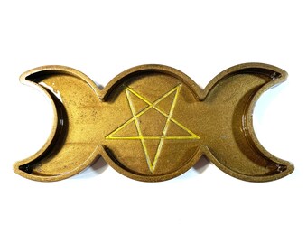 CUSTOM Available Resin Art Jewelry Trinket Ring Dish Tray, Triple Moon, Altar, Moon Phase, Pentagram, Goddess, Wiccan, 6x2.5 Inches
