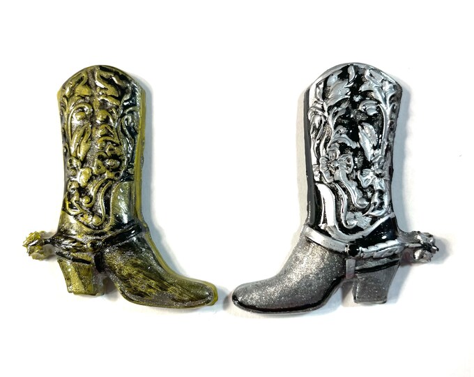 Western Boot with Spurs Bolo Tie or Necklace  Pendant @2 Inch Long, Black Gold or Black Silver