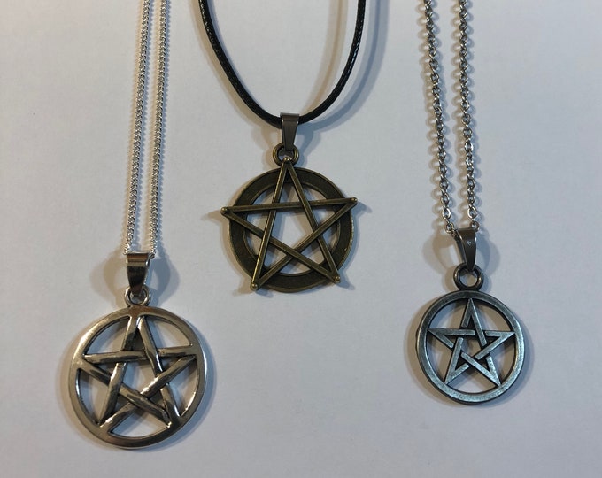 Pentagram Gothic Wicca Medallion Pendant 18" to 30" Necklace, U Choose Size, Color and Style