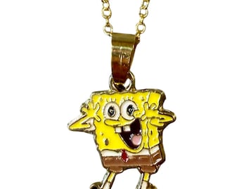 Sponge Bob Gold Plated Necklace and/or Earrings, Small .75" Pendant Charm, Gift Boxed with Ornate Organza Gift Bag!