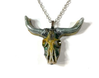 LARGE 3" 3D Resin Longhorn Bull Skull Buffalo Pendant, Native American Totem, Gift Boxed
