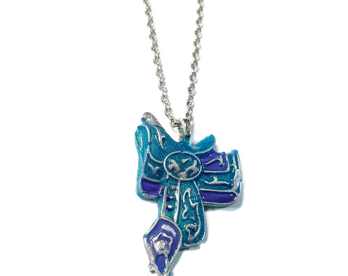 Teal Purple Silver 1.5"  Western Cowboy Saddle Pendant, with Detail Gift Boxed, Handpoured and painted