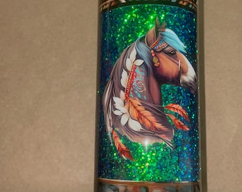 20 Oz Skinny Stainless Tumbler w Lid & Straw, Alcohol Ink Swirl, Green Blue Southwestern Horse Equestrian
