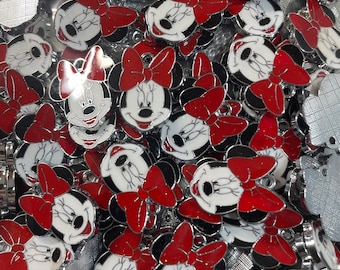 Lot of Quantity 10 Each Minnie Red White Pendants, Charms, Medallions @1" Silver Plated and Resin